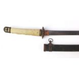 Japanese military interest Samurai sword with scabbard, bronze tsuba, steel blade, engraved