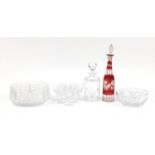 Cut crystal and glassware including a Bohemian red flashed decanter, set of six Thomas Webb