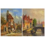 Continental town scenes, two oil on boards each bearing an indistinct signature, mounted and framed,