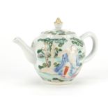 Chinese porcelain teapot, hand painted with two nude European females in a landscape, 14cm high :For