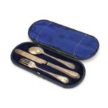 Victorian silver knife, fork and spoon christening set housed in a fitted box by Martin, Hall & Co