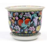 Chinese porcelain jardiniere on stand, hand painted with flowers, 25cm high x 31cm in diameter :