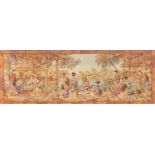 Rectangular tapestry wall hanging depicting a Chinese scene with figures by water, 153.5cm x 54.