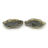 Pair of Chinese green hardstone brush washers carved with toads, each 14cm wide :For Further