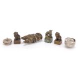 Chinese metalware including three miniature foo dog seals the largest 4.3cm high :For Further