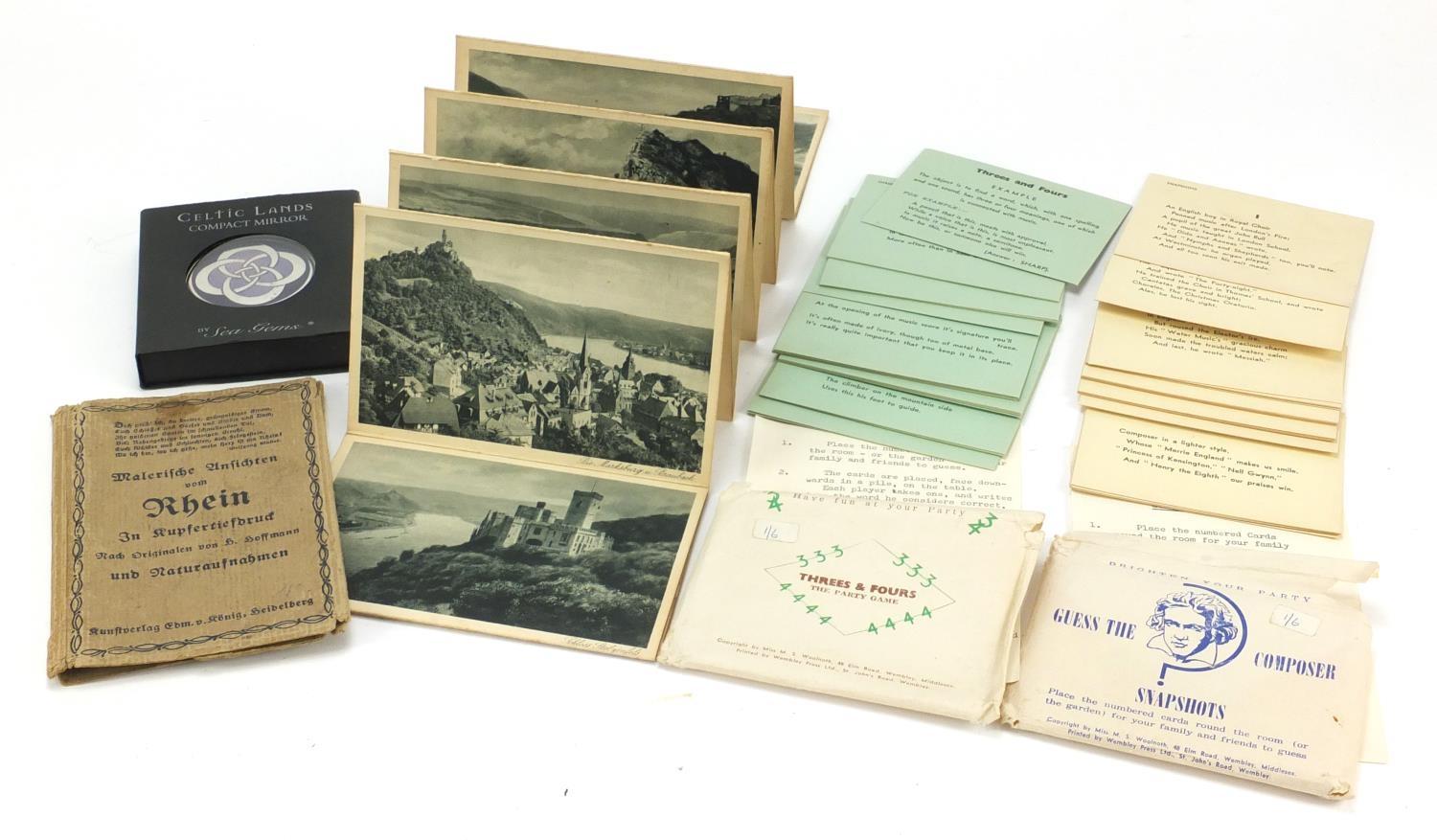 German book fold-out book of postcards and two vintage card games comprising Threes and Fours and