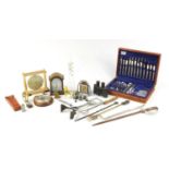 Miscellaneous items including horseshoe barometer, Smiths alarm clock, military issue binoculars,