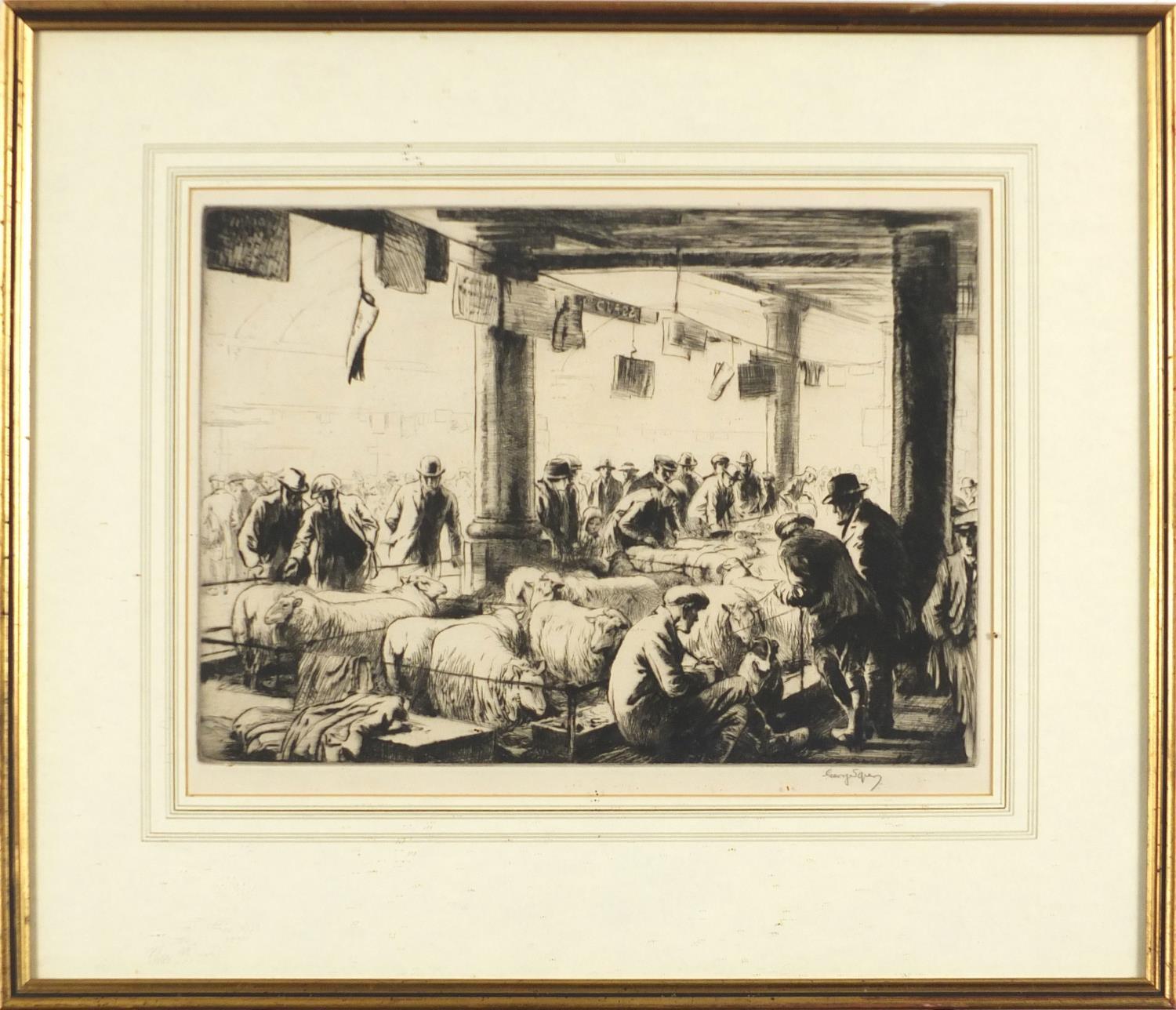 George Soper RE - The Sheep Market, pencil signed black and white etching, details verso, mounted - Image 2 of 5