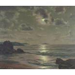 Roger De La Corbiere - Moonlit coastal scene, oil on canvas, The Unicorn Gallery plaque verso,