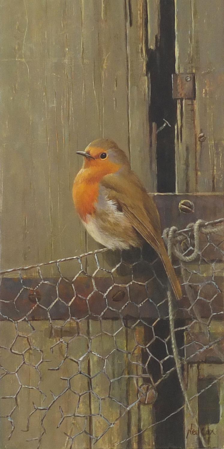 Neil Cox - Robin on Chicken wire, oil on board, Wren Gallery details verso, framed, 35.5cm x 17.