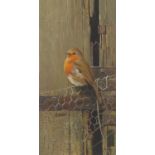 Neil Cox - Robin on Chicken wire, oil on board, Wren Gallery details verso, framed, 35.5cm x 17.