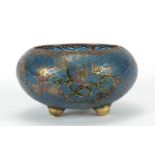 Japanese Plique-à-jour enamel three footed bowl, enamelled with flowers, 10.5cm in diameter :For