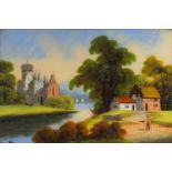 Church beside a lake, reverse glass painting, framed, 60cm x 40cm :For Further Condition Reports