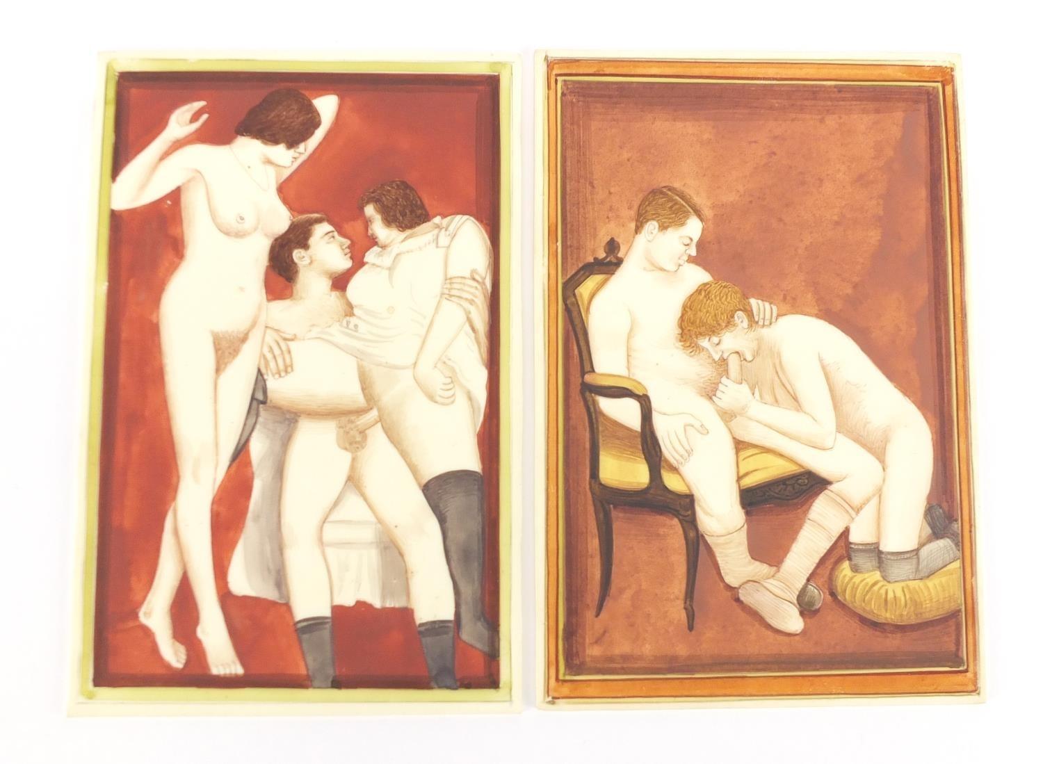 Two Indian Mughal style panels depicting erotic scenes, each 15cm x 10cm :For Further Condition