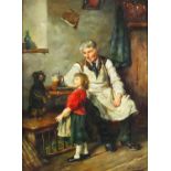 Young girl with a dog beside a man holding a pipe, oil on board bearing a signature Reeves,