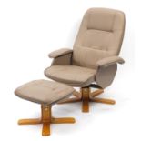 Light brown faux leather easy chair and foot stool :For Further Condition Reports Please Visit Our