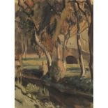 Ernest Sallis Benney - Stream through woodland with a bridge, watercolour, mounted and framed,
