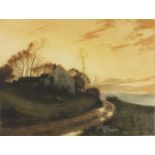Henri Fourday - Rural lane, coloured etching with cottage, pencil numbered 316, Paris Joseph