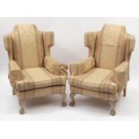 Pair of wingback armchairs with ball and claw feet and striped upholstery, 100cm high :For Further