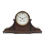 Oak cased Napoleon hat shaped mantel clock with enamelled dial and Arabic numerals, 51.5cm wide :For
