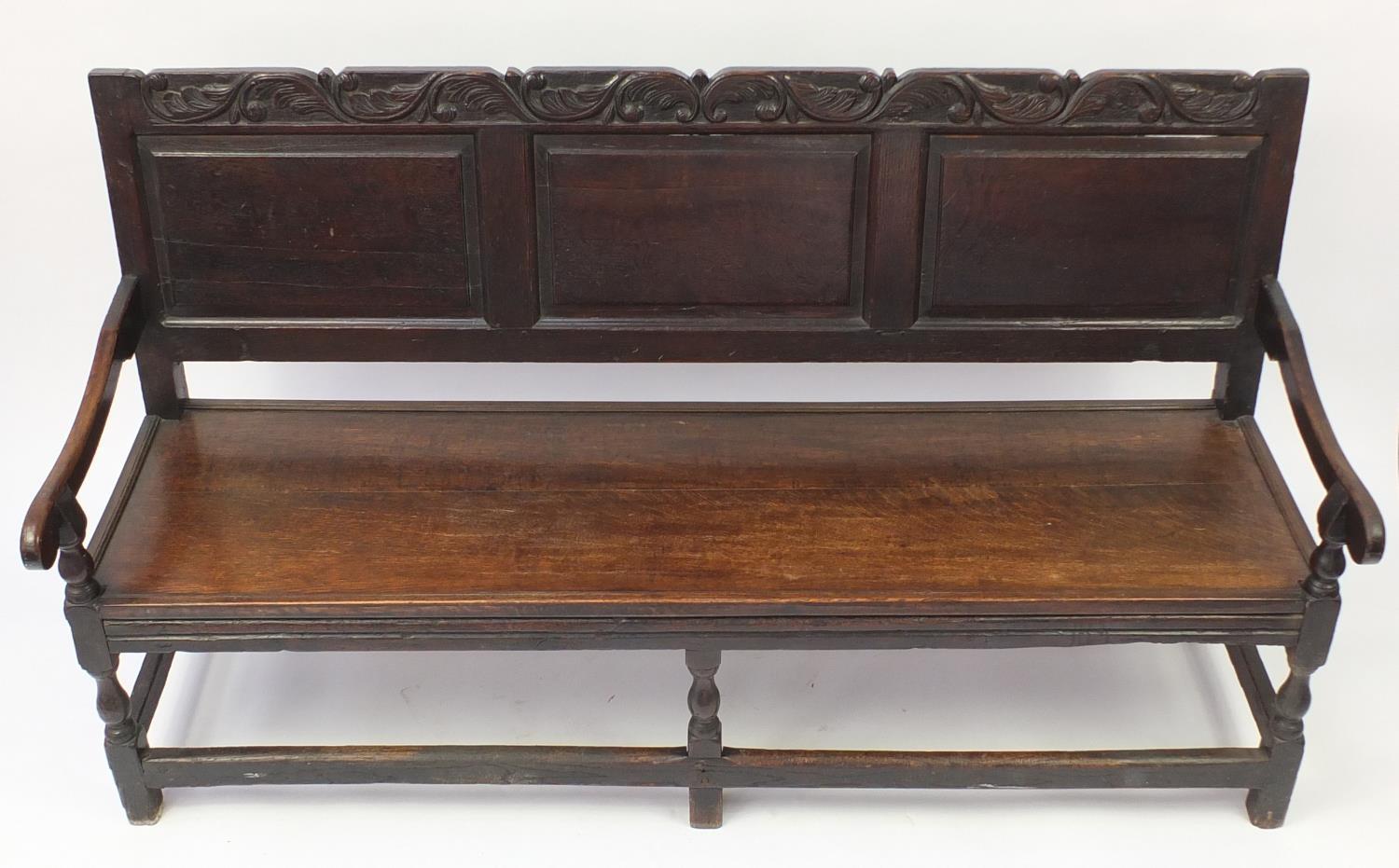 Antique oak hall bench carved with foliage, 101cm H x 182cm W x 66cm D :For Further Condition - Image 2 of 5