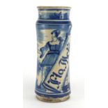 Antique Delft tin glazed drug jar, hand painted with a female and a landscape, 31.5cm high :For
