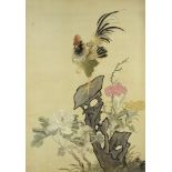Chinese silk panel embroidered with a cockerel and flowers, framed, 75cm x 52.5cm :For Further