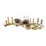 Copper and brassware including pair of Indian enamelled cobra candlesticks, Chinese enamelled dish
