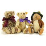 Three Steiff bears including Queen Elizabeth II 80th birthday and Benjamin Bunny from Peter