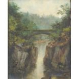River through woodland with bridge, early 20th century oil on board, bearing a monogram VHI and
