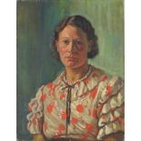 J E Moore 1939 - Portrait of a lady, signed, oil on canvas, unframed, 46cm x 35.5cm :For Further