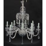 Good cut crystal twelve branch chandelier with drops, possibly Waterford, 130cm high :For Further