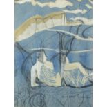 After Humphrey Spender - Abstract composition, mixed media, figure in a landscape, mounted and