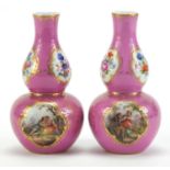 Pair of 19th century Meissen porcelain double gourd vases, hand painted with panels of flowers