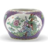 Large Chinese porcelain fish bowl, finely hand painted in the Famille Rose palette with panels of