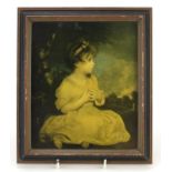 Print of a young female with a Mrs Neville Chamberlain card verso, framed, 26.5cm x 23cm :For