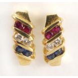 Pair of 18ct gold multi gem earrings, set with diamonds, rubies and sapphires, 1.5cm in length, 4.7g