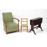 Occasional furniture comprising a mahogany Sutherland table, nursing chair and child's chair :For