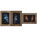 Three Egyptian portraits on papyrus paper, each framed, the largest 92cm x 63cm :For Further