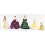 Five collectable figurines comprising Dresden, Royal Doulton, Royal Worcester and Coalport, the