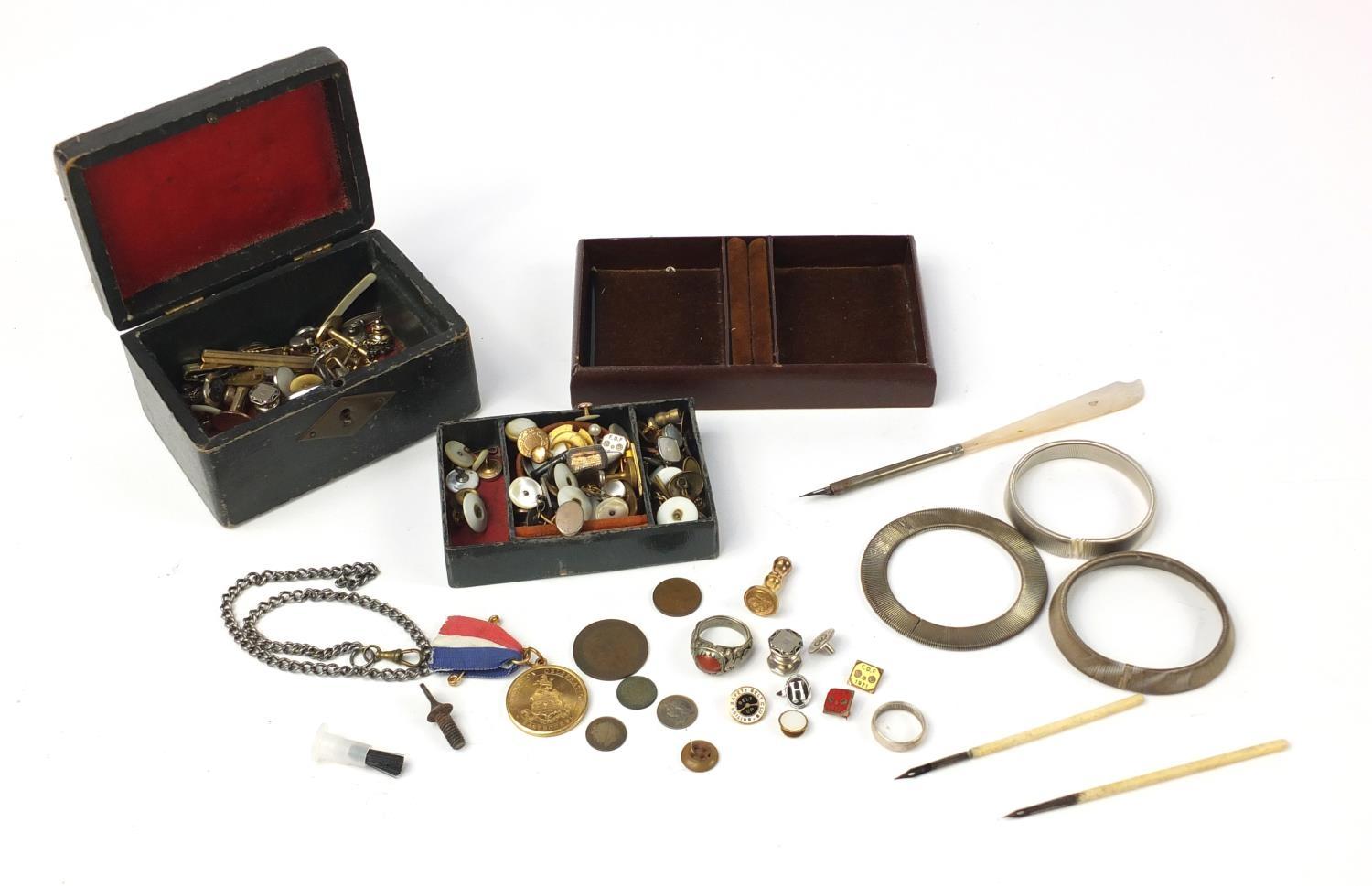 Miscellaneous objects including cuff inks, Victorian jewellery box and coins :For Further