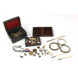 Miscellaneous objects including cuff inks, Victorian jewellery box and coins :For Further