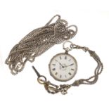 Ladies silver open face pocket watch, Victorian silver coloured metal watch chain and unmarked