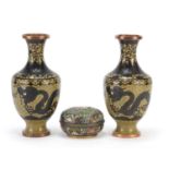Pair of Chinese cloisonne vases enamelled with dragons and box and cover enamelled with flowers, the