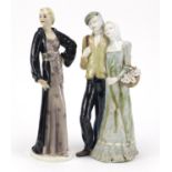 French pottery figure group and a porcelain model of a Art Deco female, the largest 32cm high :For