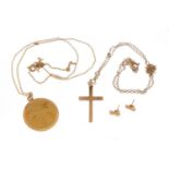 Two 9ct gold pendants on 9ct gold necklaces and pair of 9ct gold earrings, 7.8g :For Further