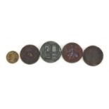 Five antique tokens :For Further Condition Reports Please Visit Our Website, Updated Daily