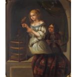 Two children feeding a parrot, antique oil on copper panel, framed, 23cm x 15.5cm :For Further