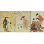 Three Japanese pictures of figures, two titled verso, framed, each 26cm x 16.5cm :For Further