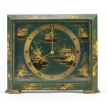 Smiths green lacquered electric mantel clock, hand painted and gilded in the chinoiserie manner with
